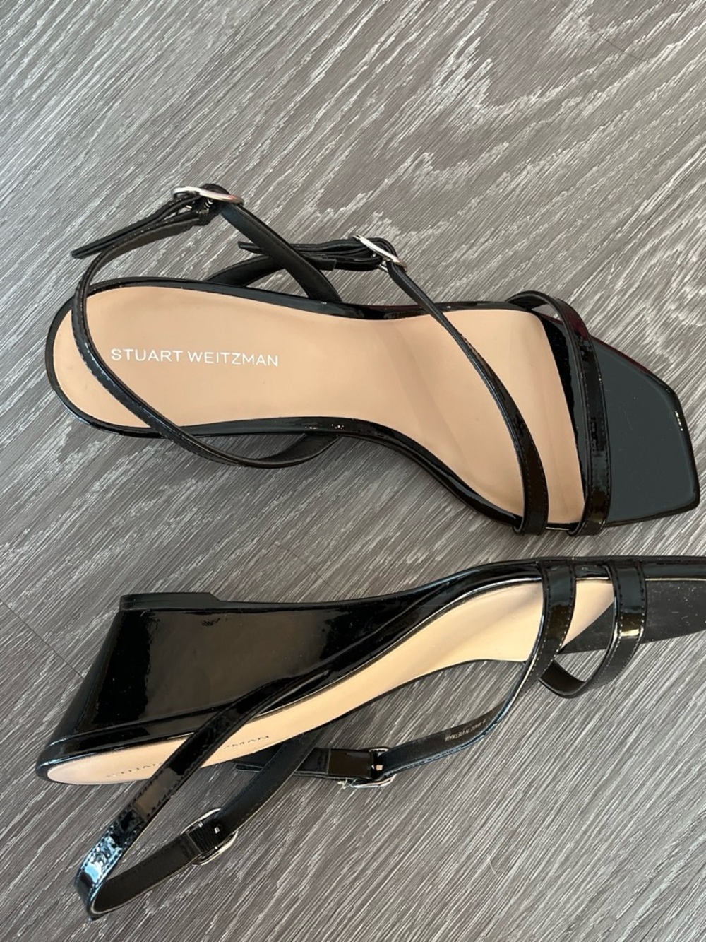 NEW Stuart Weitzman Black Patent Slingback Wedge Sandals - Picture 2 of 4